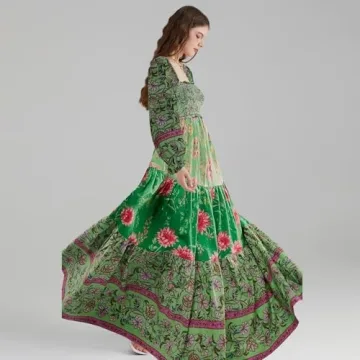 Women Spring Dresses Flowy Smocked Maxi Dress Long Sleeve Square Neck Boho Dresses Y2k Floral Party Sundresses, Green, Small