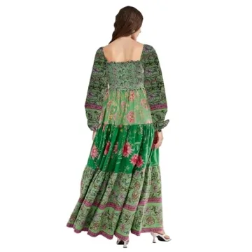 Women Spring Dresses Flowy Smocked Maxi Dress Long Sleeve Square Neck Boho Dresses Y2k Floral Party Sundresses, Green, Small
