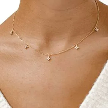 Tewiky Gold Necklace for Women, 14K Gold Plated Diamond Solitaire Necklaces Dainty Gold Necklace Small Cute Necklaces Aesthetic Simple Cubic Zirconia Pendant Necklace Gold Jewelry for Women