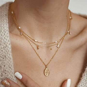 Tewiky Gold Necklace for Women, 14K Gold Plated Diamond Solitaire Necklaces Dainty Gold Necklace Small Cute Necklaces Aesthetic Simple Cubic Zirconia Pendant Necklace Gold Jewelry for Women