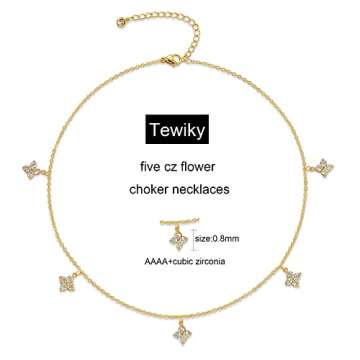 Tewiky Gold Necklace for Women, 14K Gold Plated Diamond Solitaire Necklaces Dainty Gold Necklace Small Cute Necklaces Aesthetic Simple Cubic Zirconia Pendant Necklace Gold Jewelry for Women