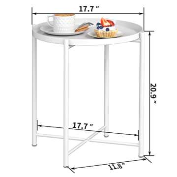 JANE EYRE Tray Metal End Table - Small Round Side Table, Accent Coffee Table, Nightstand Bedside Table, Anti-Rust Outdoor & Indoor Snack Table with Removable Tray, (H) 20.6" x (D) 17.5" - White