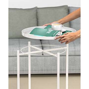 JANE EYRE Tray Metal End Table - Small Round Side Table, Accent Coffee Table, Nightstand Bedside Table, Anti-Rust Outdoor & Indoor Snack Table with Removable Tray, (H) 20.6" x (D) 17.5" - White
