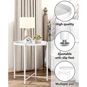 JANE EYRE Tray Metal End Table - Small Round Side Table, Accent Coffee Table, Nightstand Bedside Table, Anti-Rust Outdoor & Indoor Snack Table with Removable Tray, (H) 20.6" x (D) 17.5" - White
