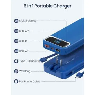 12000mAh Lightweight Portable Charger Power Bank with Built-in Cables and AC Wall Plug for All Devic...
