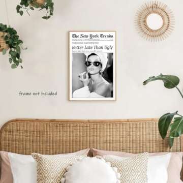 New York Trends Wall Art Black and White Newspaper Better Late Than Ugly Poster Canvas Prints Funky Feminist Posters Trendy College Wall Decor for Bar Cart Girl Dorm Room Bathroom Decorative 16x24inch Unframed