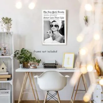New York Trends Wall Art Black and White Newspaper Better Late Than Ugly Poster Canvas Prints Funky Feminist Posters Trendy College Wall Decor for Bar Cart Girl Dorm Room Bathroom Decorative 16x24inch Unframed