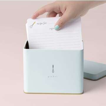 Recipe Tin in Blue | Classic and Neutral | Includes 25 Blank Recipe Cards | Gold Metallic Interior | Whisk Design Printed | Made from Heavy Steel | Decorative Recipe Box Holder | Recipe Card Holder