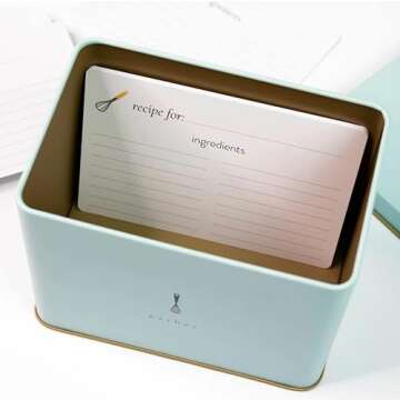 Recipe Tin in Blue | Classic and Neutral | Includes 25 Blank Recipe Cards | Gold Metallic Interior | Whisk Design Printed | Made from Heavy Steel | Decorative Recipe Box Holder | Recipe Card Holder
