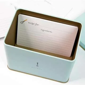 Recipe Tin in Blue | Classic and Neutral | Includes 25 Blank Recipe Cards | Gold Metallic Interior | Whisk Design Printed | Made from Heavy Steel | Decorative Recipe Box Holder | Recipe Card Holder