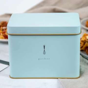 Recipe Tin in Blue | Classic and Neutral | Includes 25 Blank Recipe Cards | Gold Metallic Interior | Whisk Design Printed | Made from Heavy Steel | Decorative Recipe Box Holder | Recipe Card Holder