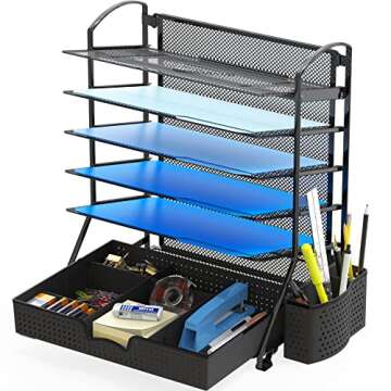 Simple Houseware 6 Tier Desk Document File Tray Organizer with Supplies Sliding Drawer, Black