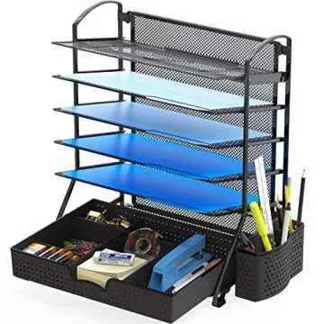 Simple Houseware 6 Tier Desk Document File Tray Organizer with Supplies Sliding Drawer, Black