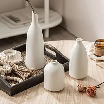 ONBUYONE-Ceramic Small Vases Set of 3, White Vases for Home Decor, Modern Farmhouse Decor, Living Room Table Decor,Shelf Decor, Bookshelf, Mantel and Entryway Decor.