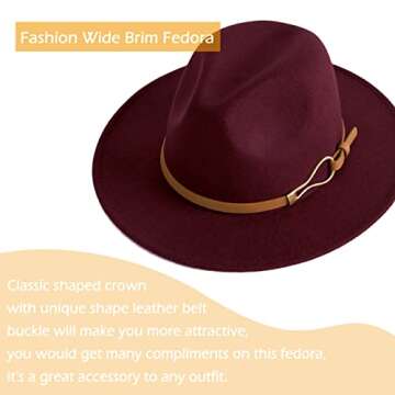 EOGIMI Fashion Women Wide Brim Fedora Floppy Panama Hat with Belt Buckle Burgundy