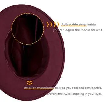 EOGIMI Fashion Women Wide Brim Fedora Floppy Panama Hat with Belt Buckle Burgundy