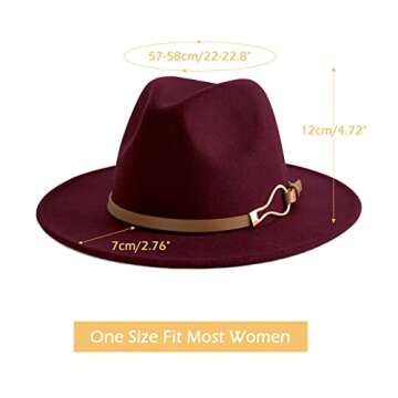 EOGIMI Fashion Women Wide Brim Fedora Floppy Panama Hat with Belt Buckle Burgundy