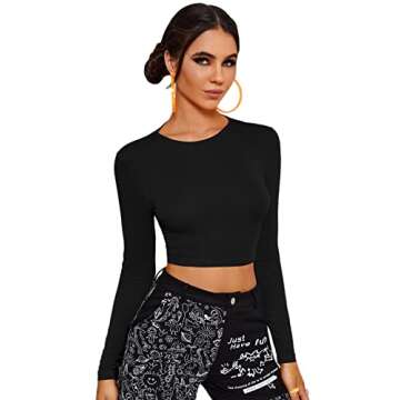 Verdusa Women's Tied Backless Crop Top Long Sleeve Round Neck Tee T Shirt Black S