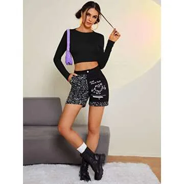 Verdusa Women's Tied Backless Crop Top Long Sleeve Round Neck Tee T Shirt Black S