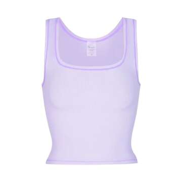 Danysu Women Cotton Rib Tank Top with Built in Bra Square Neck Crop Tank Fitted Basic Tops Lilac Hin...