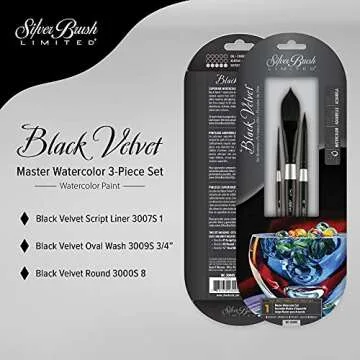 Silver Brush Limited WC-3000S Black Velvet Master Watercolor Set, Set of 3, Size 3/4 Inch Oval Wash, Size 8 Round, and Size 1 Script Liner Paintbrushes, Short Handle