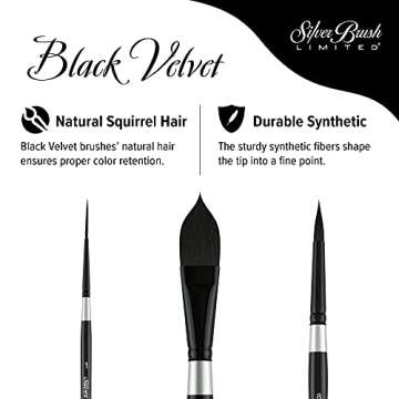 Silver Brush Limited WC-3000S Black Velvet Master Watercolor Set, Set of 3, Size 3/4 Inch Oval Wash, Size 8 Round, and Size 1 Script Liner Paintbrushes, Short Handle