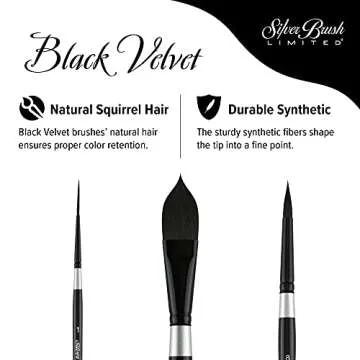 Silver Brush Limited WC-3000S Black Velvet Master Watercolor Set, Set of 3, Size 3/4 Inch Oval Wash, Size 8 Round, and Size 1 Script Liner Paintbrushes, Short Handle