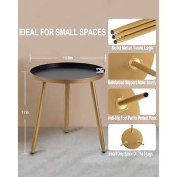 AOJEZOR Side Table: End Table for Any Room - Round Side Tables for Small Spaces - Black Top with 3 Gold Legged