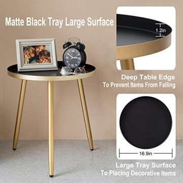 AOJEZOR Side Table: End Table for Any Room - Round Side Tables for Small Spaces - Black Top with 3 Gold Legged