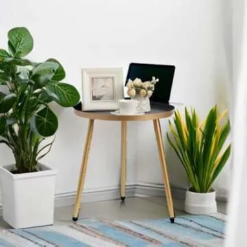 AOJEZOR Side Table: End Table for Any Room - Round Side Tables for Small Spaces - Black Top with 3 Gold Legged