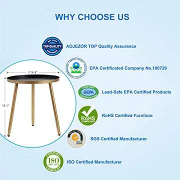 AOJEZOR Side Table: End Table for Any Room - Round Side Tables for Small Spaces - Black Top with 3 Gold Legged