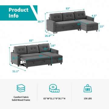 BALUS Sleeper Sofa, Futon Sofa Bed, Pull Out Sleeper Reversible Sectional Couch, Storage Chaise & Co...
