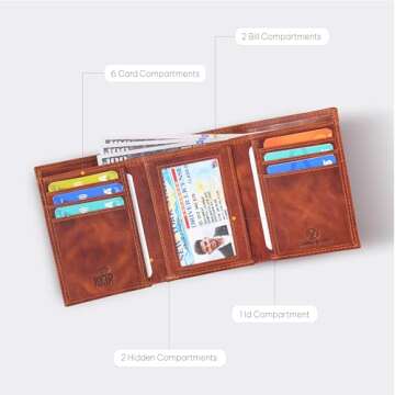 Genuine Leather Mens RFID Blocking Slim Trifold Wallet with 6 Cards+1 ID Window + 2 Note Compartment...