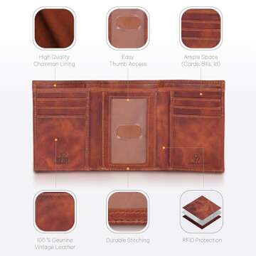 Genuine Leather Mens RFID Blocking Slim Trifold Wallet with 6 Cards+1 ID Window + 2 Note Compartments. - Cognac - S