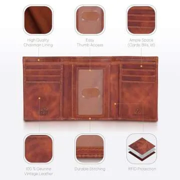 Genuine Leather Mens RFID Blocking Slim Trifold Wallet with 6 Cards+1 ID Window + 2 Note Compartments. - Cognac - S