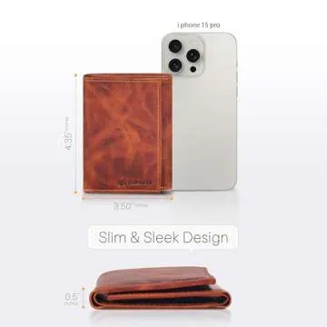 Genuine Leather Mens RFID Blocking Slim Trifold Wallet with 6 Cards+1 ID Window + 2 Note Compartments. - Cognac - S