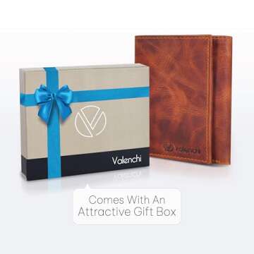 Genuine Leather Mens RFID Blocking Slim Trifold Wallet with 6 Cards+1 ID Window + 2 Note Compartments. - Cognac - S