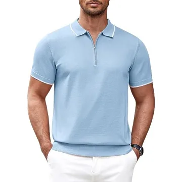 COOFANDY Men’s Zipper Polo Shirt - Versatile & Comfortable Classic Fit in Light Blue