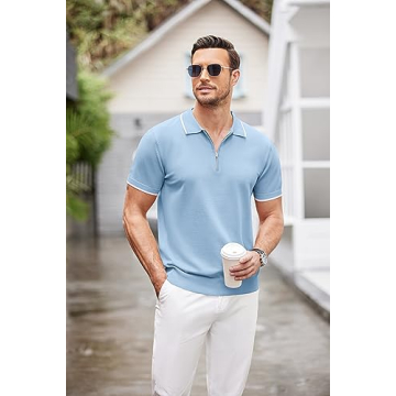 COOFANDY Men's Zipper Polo Shirt Light Blue Classic Fit