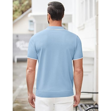 COOFANDY Men's Zipper Polo Shirt Light Blue Classic Fit