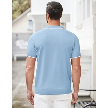 COOFANDY Men's Zipper Polo Shirt Light Blue Classic Fit