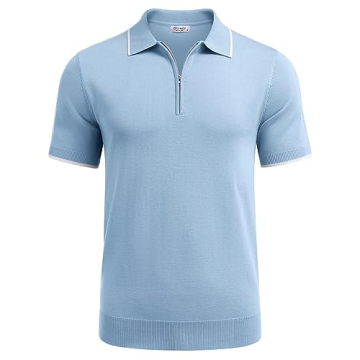 COOFANDY Men's Zipper Polo Shirt Light Blue Classic Fit