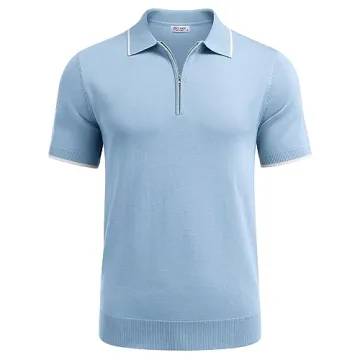 COOFANDY Men's Zipper Polo Shirt Light Blue Classic Fit