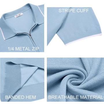 COOFANDY Men's Zipper Polo Shirt Light Blue Classic Fit