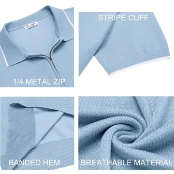 COOFANDY Men's Zipper Polo Shirt Light Blue Classic Fit