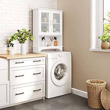 Yaheetech Over The Toilet Storage Cabinet with Double Tempered Glass Doors and Adjustable Shelf, Freestanding Bathroom Storage Rack, 66 Inches Height