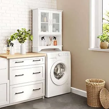 Yaheetech Over The Toilet Storage Cabinet with Double Tempered Glass Doors and Adjustable Shelf, Freestanding Bathroom Storage Rack, 66 Inches Height