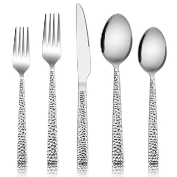 E-far Hammered Silverware Set, 40-Piece Stainless Steel Square Flatware Set for 8, Metal Tableware C...