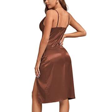 LYANER Women's Satin Drape Cowl Neck Sleeveless Strappy Cami Split Slit Cocktail Party Midi Dress Brown Medium