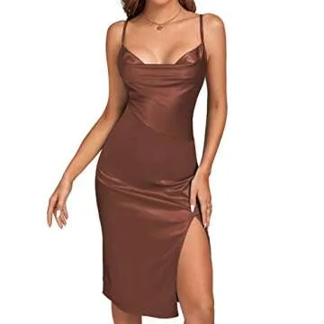 LYANER Women's Satin Drape Cowl Neck Sleeveless Strappy Cami Split Slit Cocktail Party Midi Dress Brown Medium